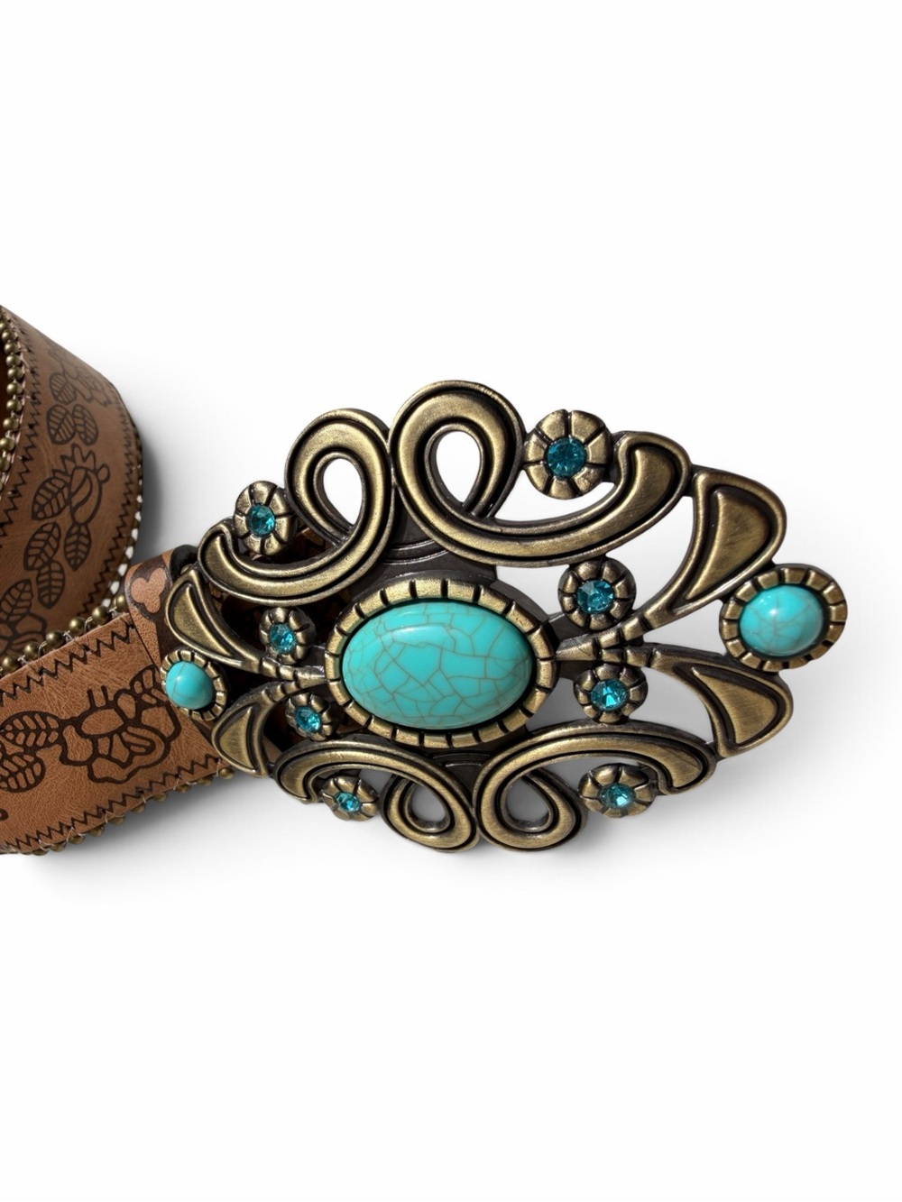 Turquoise-Accent Floral Tooled Leather Belt - Picture 3 of 4